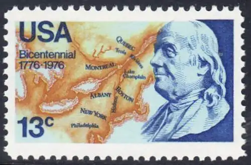 USA Michel 1277 / Scott 1690 postfrisch EINZELMARKE (a3) - Unabhängigkeit der Vereinigten Staaten von Amerika: Benjamin Franklin (1706-1790), 1. Generalpostmeister für Kanada und die USA, Politiker; Landkarte von Nordamerika