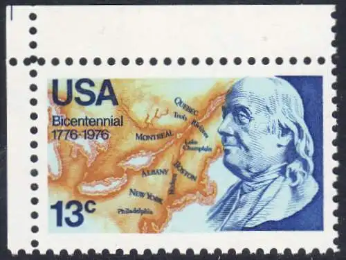 USA Michel 1277 / Scott 1690 postfrisch EINZELMARKE ECKRAND oben links - Unabhängigkeit der Vereinigten Staaten von Amerika: Benjamin Franklin (1706-1790), 1. Generalpostmeister für Kanada und die USA, Politiker; Landkarte von Nordamerika
