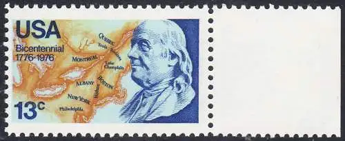 USA Michel 1277 / Scott 1690 postfrisch EINZELMARKE RAND rechts (a1) - Unabhängigkeit der Vereinigten Staaten von Amerika: Benjamin Franklin (1706-1790), 1. Generalpostmeister für Kanada und die USA, Politiker; Landkarte von Nordamerika