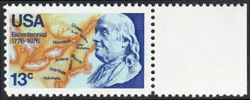 USA Michel 1277 / Scott 1690 postfrisch EINZELMARKE RAND rechts (a2) - Unabhängigkeit der Vereinigten Staaten von Amerika: Benjamin Franklin (1706-1790), 1. Generalpostmeister für Kanada und die USA, Politiker; Landkarte von Nordamerika