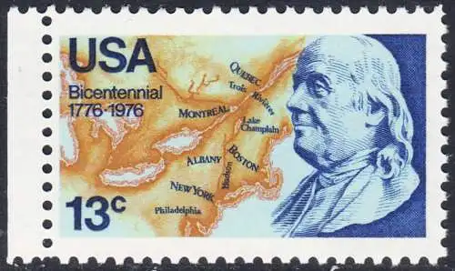 USA Michel 1277 / Scott 1690 postfrisch EINZELMARKE RAND links (a2) - Unabhängigkeit der Vereinigten Staaten von Amerika: Benjamin Franklin (1706-1790), 1. Generalpostmeister für Kanada und die USA, Politiker; Landkarte von Nordamerika