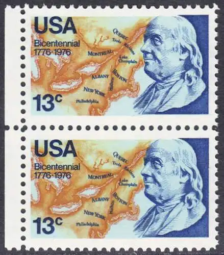 USA Michel 1277 / Scott 1690 postfrisch vert.PAAR RÄNDER links - Unabhängigkeit der Vereinigten Staaten von Amerika: Benjamin Franklin (1706-1790), 1. Generalpostmeister für Kanada und die USA, Politiker; Landkarte von Nordamerika