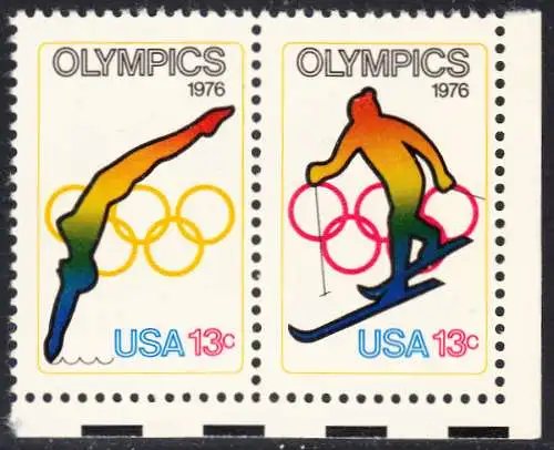 USA Michel 1284-1285 / Scott 1695-1696 postfrisch horiz.PAAR ECKRAND unten rechts (a2) - Olympische Spiele 1976, Innsbruck und Montreal