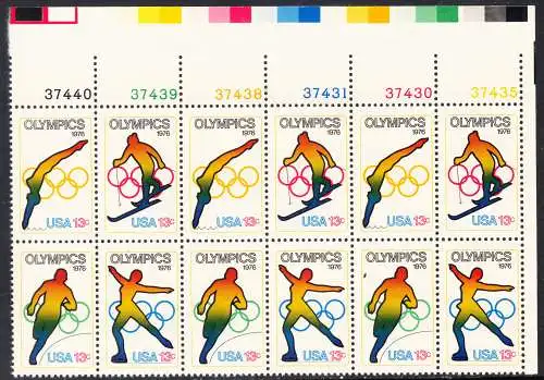 USA Michel 1282-1285 / Scott 1695-1698 postfrisch horiz.PLATEBLOCKRAND(12) ECKRAND oben rechts m/ Platten-# 37435 - Olympische Spiele 1976, Innsbruck und Montreal