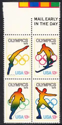 USA Michel 1282-1285 / Scott 1695-1698 postfrisch BLOCK RÄNDER oben m/ Mail Early-Vermerk (a2) - Olympische Spiele 1976, Innsbruck und Montreal