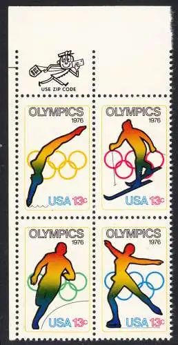 USA Michel 1282-1285 / Scott 1695-1698 postfrisch ZIP-BLOCK RÄNDER oben links - Olympische Spiele 1976, Innsbruck und Montreal