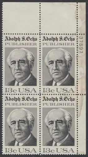 USA Michel 1287 / Scott 1700 postfrisch PLATEBLOCK ECKRAND oben rechts m/ Platten-# 37597 (dam.) - 125 Jahre Zeitung „New York Times“; Adolph S. Ochs, Journalist und Verleger