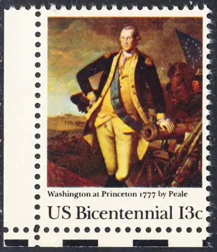 USA Michel 1291 / Scott 1704 postfrisch EINZELMARKE ECKRAND unten links - Unabhängigkeit der Vereinigten Staaten von Amerika (1976): Schlacht von Princeton, General George Washington