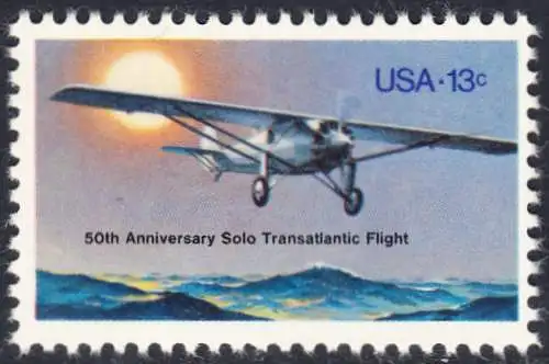 USA Michel 1298 / Scott 1710 postfrisch EINZELMARKE (a2) - 50. Jahrestag des ersten Alleinfluges über den Atlantischen Ozean: Charles A. Lindberghs Flugzeug Ryan NYP „Spirit of St. Louis“