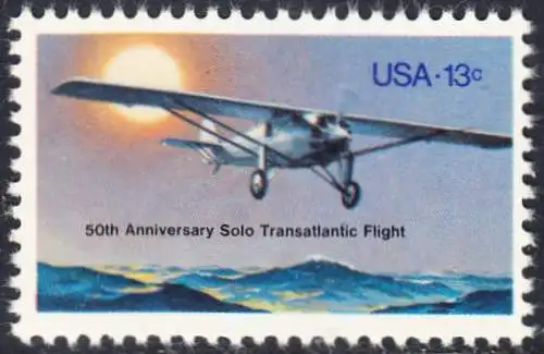 USA Michel 1298 / Scott 1710 postfrisch EINZELMARKE (a3) - 50. Jahrestag des ersten Alleinfluges über den Atlantischen Ozean: Charles A. Lindberghs Flugzeug Ryan NYP „Spirit of St. Louis“