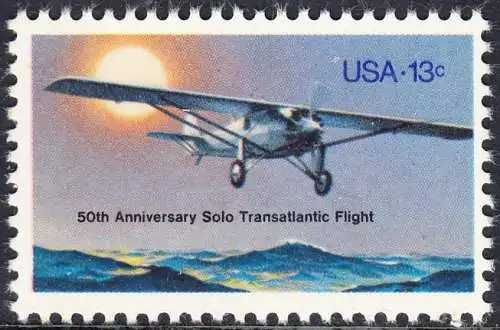 USA Michel 1298 / Scott 1710 postfrisch EINZELMARKE (Gumm.beeintr.) - 50. Jahrestag des ersten Alleinfluges über den Atlantischen Ozean: Charles A. Lindberghs Flugzeug Ryan NYP „Spirit of St. Louis“