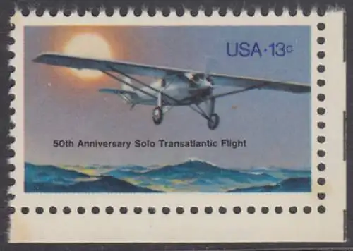 USA Michel 1298 / Scott 1710 postfrisch EINZELMARKE ECKRAND unten rechts (Gumm.beeintr.) - 50. Jahrestag des ersten Alleinfluges über den Atlantischen Ozean: Charles A. Lindberghs Flugzeug Ryan NYP „Spirit of St. Louis“