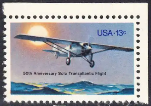 USA Michel 1298 / Scott 1710 postfrisch EINZELMARKE ECKRAND oben rechts - 50. Jahrestag des ersten Alleinfluges über den Atlantischen Ozean: Charles A. Lindberghs Flugzeug Ryan NYP „Spirit of St. Louis“