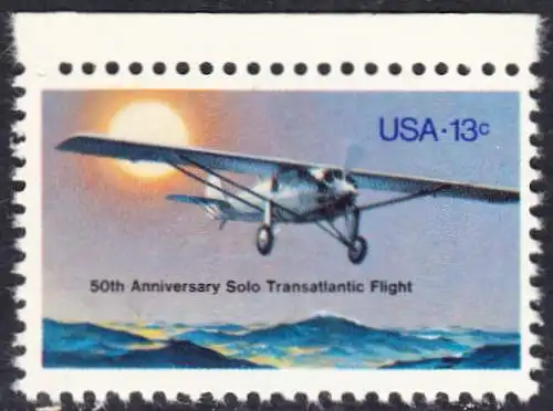 USA Michel 1298 / Scott 1710 postfrisch EINZELMARKE RAND oben - 50. Jahrestag des ersten Alleinfluges über den Atlantischen Ozean: Charles A. Lindberghs Flugzeug Ryan NYP „Spirit of St. Louis“
