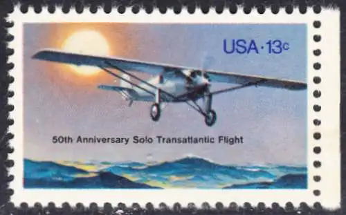 USA Michel 1298 / Scott 1710 postfrisch EINZELMARKE RAND rechts (a2) - 50. Jahrestag des ersten Alleinfluges über den Atlantischen Ozean: Charles A. Lindberghs Flugzeug Ryan NYP „Spirit of St. Louis“