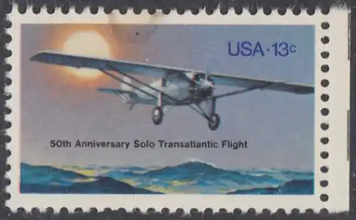 USA Michel 1298 / Scott 1710 postfrisch EINZELMARKE RAND rechts (Gumm.beeintr.) - 50. Jahrestag des ersten Alleinfluges über den Atlantischen Ozean: Charles A. Lindberghs Flugzeug Ryan NYP „Spirit of St. Louis“