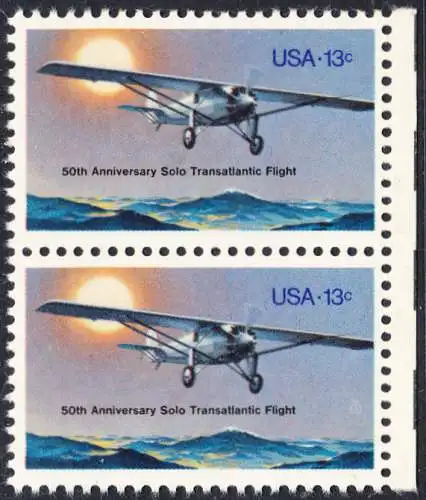 USA Michel 1298 / Scott 1710 postfrisch vert.PAAR RÄNDER rechts - 50. Jahrestag des ersten Alleinfluges über den Atlantischen Ozean: Charles A. Lindberghs Flugzeug Ryan NYP „Spirit of St. Louis“
