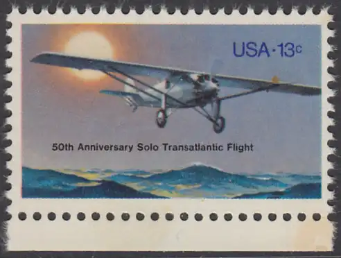 USA Michel 1298 / Scott 1710 postfrisch EINZELMARKE RAND unten (Gumm.beeintr.) - 50. Jahrestag des ersten Alleinfluges über den Atlantischen Ozean: Charles A. Lindberghs Flugzeug Ryan NYP „Spirit of St. Louis“
