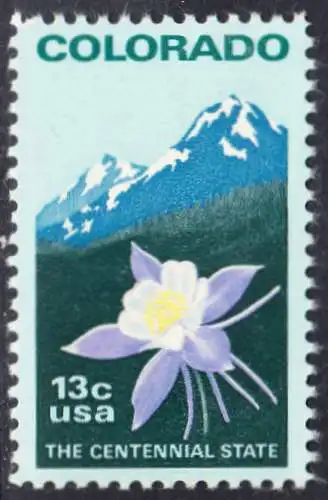 USA Michel 1299 / Scott 1711 postfrisch EINZELMARKE (a3) - 100 Jahre Staat Colorado: Staatswappenblume Blaue Akelei, Rocky Mountains 