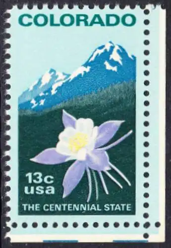 USA Michel 1299 / Scott 1711 postfrisch EINZELMARKE ECKRAND unten rechts - 100 Jahre Staat Colorado: Staatswappenblume Blaue Akelei, Rocky Mountains 
