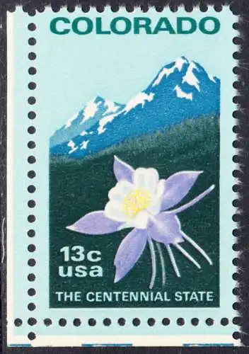 USA Michel 1299 / Scott 1711 postfrisch EINZELMARKE ECKRAND unten links - 100 Jahre Staat Colorado: Staatswappenblume Blaue Akelei, Rocky Mountains 