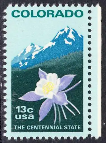 USA Michel 1299 / Scott 1711 postfrisch EINZELMARKE RAND rechts (a2) - 100 Jahre Staat Colorado: Staatswappenblume Blaue Akelei, Rocky Mountains 
