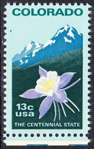 USA Michel 1299 / Scott 1711 postfrisch EINZELMARKE RAND unten (a1) - 100 Jahre Staat Colorado: Staatswappenblume Blaue Akelei, Rocky Mountains 