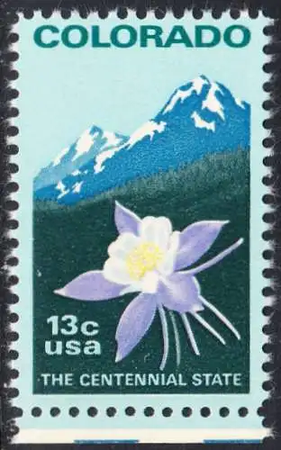 USA Michel 1299 / Scott 1711 postfrisch EINZELMARKE RAND unten (a2) - 100 Jahre Staat Colorado: Staatswappenblume Blaue Akelei, Rocky Mountains 