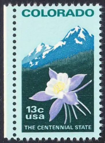 USA Michel 1299 / Scott 1711 postfrisch EINZELMARKE RAND links - 100 Jahre Staat Colorado: Staatswappenblume Blaue Akelei, Rocky Mountains 