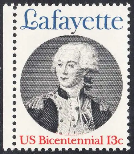 USA Michel 1304 / Scott 1716 postfrisch EINZELMARKE RAND links (a1) - Unabhängigkeit der Vereinigten Staaten von Amerika; Marquis de Lafayette, General der Unabhängigkeitskämpfer von 1777-1781