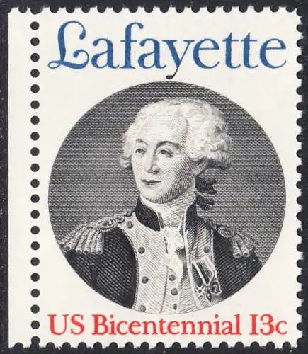 USA Michel 1304 / Scott 1716 postfrisch EINZELMARKE RAND links (a2) - Unabhängigkeit der Vereinigten Staaten von Amerika; Marquis de Lafayette, General der Unabhängigkeitskämpfer von 1777-1781