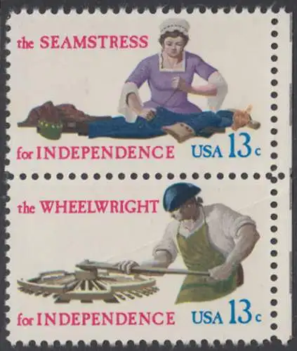USA Michel 1305+1307 / Scott 1717+1719 postfrisch vert.PAAR RÄNDER rechts (m/ Falte) - Handwerksberufe aus der Zeit der Unabhängigkeitskriege: Näherin / Wagenbauer