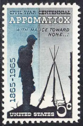 USA Michel 0879 / Scott 1182 postfrisch EINZELMARKE (a1) - 100. Jahrestag des Bürgerkriegs: Schlacht bei Appomattox; Soldat neben zusammengestellten Gewehren