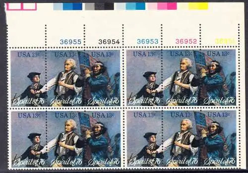 USA Michel 1197-1199 / Scott 1629-1631 postfrisch PLATEBLOCK(12) ECKRAND oben rechts  - Unabhängigkeit der Vereinigten Staaten von Amerika: Erinnerung an 1776, Pfeifer- und Trommler der Revolutionskriege
