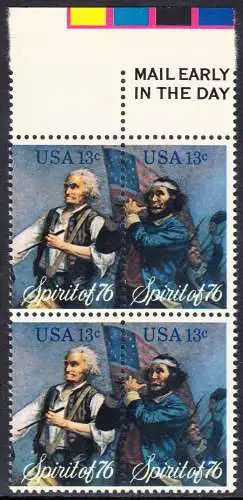 USA Michel 1198+1199 / Scott 1630+1631 postfrisch BLOCK(4) RÄNDER oben m/ MailEarly- Unabhängigkeit der Vereinigten Staaten von Amerika: Erinnerung an 1776, Pfeifer- und Trommler der Revolutionskriege
