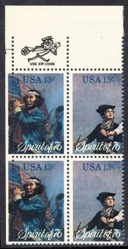 USA Michel 1197+1199 / Scott 1629+1631 postfrisch BLOCK(4) RÄNDER oben m/ ZIP-Emblem - Unabhängigkeit der Vereinigten Staaten von Amerika: Erinnerung an 1776, Pfeifer- und Trommler der Revolutionskriege