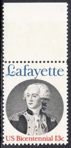 USA Michel 1304 / Scott 1716 postfrisch EINZELMARKE RAND oben (a1) - Unabhängigkeit der Vereinigten Staaten von Amerika; Marquis de Lafayette, General der Unabhängigkeitskämpfer von 1777-1781