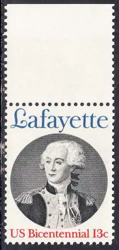 USA Michel 1304 / Scott 1716 postfrisch EINZELMARKE RAND oben (a2) - Unabhängigkeit der Vereinigten Staaten von Amerika; Marquis de Lafayette, General der Unabhängigkeitskämpfer von 1777-1781
