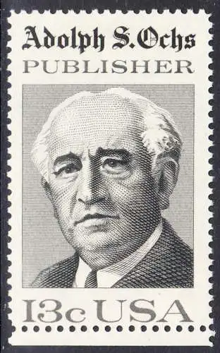 USA Michel 1283 / Scott 1700 postfrisch EINZELMARKE RAND unten (a2) - 125 Jahre Zeitung „New York Times“; Adolph S. Ochs, Journalist und Verleger