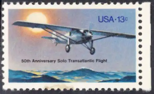 USA Michel 1298 / Scott 1710 postfrisch EINZELMARKE RAND rechts (Gumm.beeintr./a2) - 50. Jahrestag des ersten Alleinfluges über den Atlantischen Ozean: Charles A. Lindberghs Flugzeug Ryan NYP „Spirit of St. Louis“