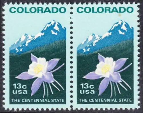 USA Michel 1299 / Scott 1711 postfrisch horiz.PAAR - 100 Jahre Staat Colorado: Staatswappenblume Blaue Akelei, Rocky Mountains 