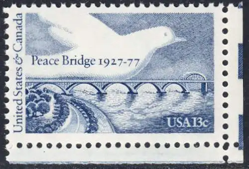 USA Michel 1309 / Scott 1721 postfrisch EINZELMARKE ECKRAND unten rechts - Friedensbrücke von Fort Erie, Ontario (Kanada) nach Buffalo, NY (USA); Friedenstaube