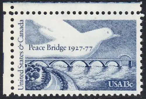 USA Michel 1309 / Scott 1721 postfrisch EINZELMARKE ECKRAND oben links - Friedensbrücke von Fort Erie, Ontario (Kanada) nach Buffalo, NY (USA); Friedenstaube