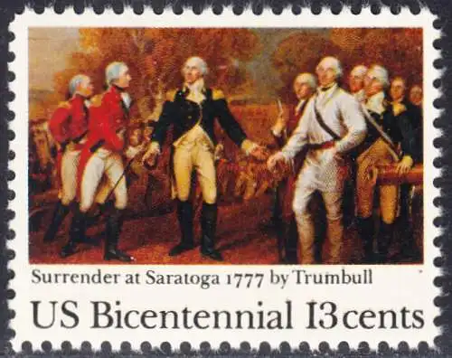 USA Michel 1314 / Scott 1728 postfrisch EINZELMARKE (a3) - Unabhängigkeit der Vereinigten Staaten von Amerika: 200. Jahrestag der Schlacht von Saratoga, Übergabe des britischen Generals John Burgoyne an General Horatio Gates in Saratoga (1777)