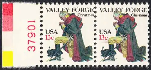 USA Michel 1317 / Scott 1729 postfrisch horiz.PAAR RAND links m/ Platten-# 37902 - Weihnachten: General George Washington beim Gebet in Valley Forge