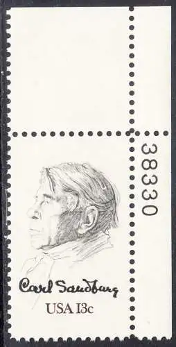 USA Michel 1324 / Scott 1731 postfrisch EINZELMARKE ECKRAND oben rechts m/ Platten-# 38330 - Carl Sandburg, Dichter