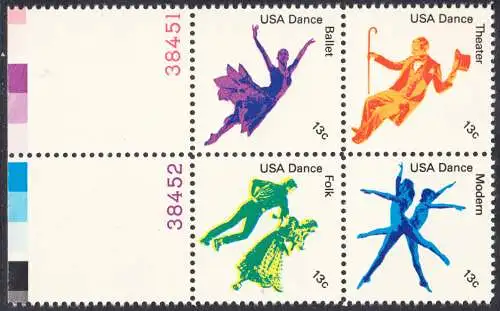 USA Michel 1335-1338 / Scott 1749-1752 postfrisch BLOCK RÄNDER links m/ Platten-# 38451 (a1) - Kultureller Wert des Tanzens