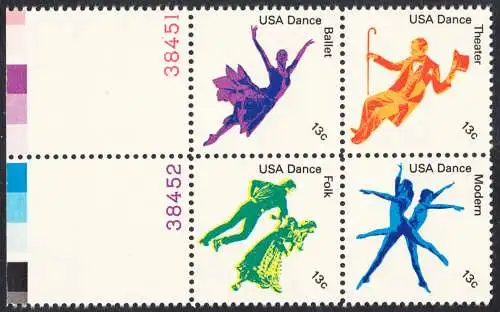 USA Michel 1335-1338 / Scott 1749-1752 postfrisch BLOCK RÄNDER links m/ Platten-# 38451 (a2) - Kultureller Wert des Tanzens