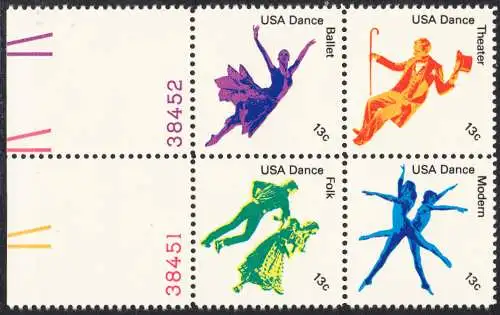 USA Michel 1335-1338 / Scott 1749-1752 postfrisch BLOCK RÄNDER links m/ Platten-# 38452 (a3) - Kultureller Wert des Tanzens
