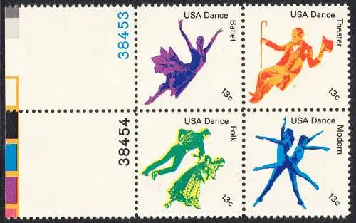 USA Michel 1335-1338 / Scott 1749-1752 postfrisch BLOCK RÄNDER links m/ Platten-# 38453 (a4) - Kultureller Wert des Tanzens